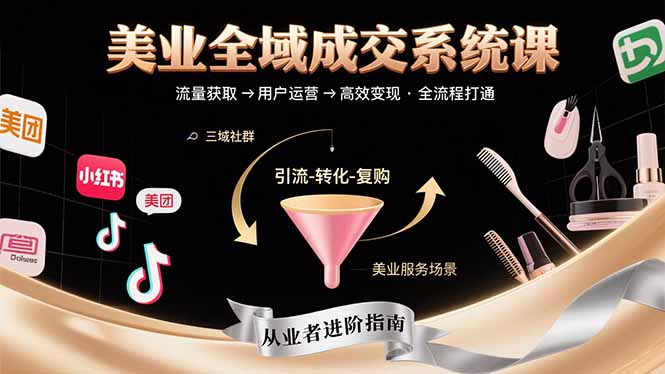 美业全域成交系统课程：帮助美业从业者打通从流量获取到高效变现全流程网创-网赚-电商-tk-出海-AI-抖音-快手-小红书-视频号-玩法-创业-小程序-公众号-私域-s粉网创智库
