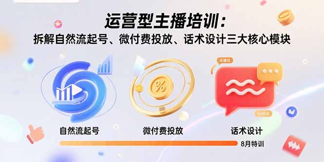 运营型主播培训：拆解自然流起号、微付费投放、话术设计三大核心模块-8月网创-网赚-电商-tk-出海-AI-抖音-快手-小红书-视频号-玩法-创业-小程序-公众号-私域-s粉网创智库