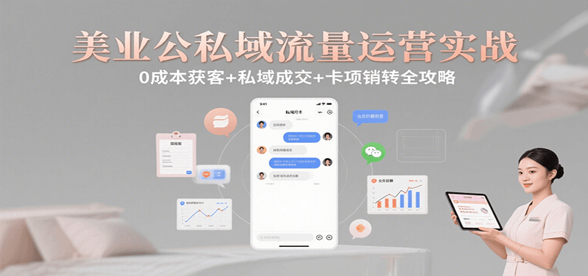 美业公私域流量运营实战：0成本获客+私域成交+卡项销转全攻略网创-网赚-电商-tk-出海-AI-抖音-快手-小红书-视频号-玩法-创业-小程序-公众号-私域-s粉网创智库