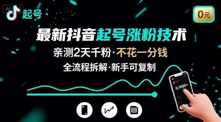 最新抖音起号涨粉技术，亲测2天千粉，不花一分钱，全流程拆解网创-网赚-电商-tk-出海-AI-抖音-快手-小红书-视频号-玩法-创业-小程序-公众号-私域-s粉网创智库
