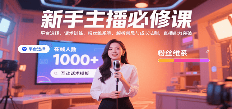 新手主播必修课：平台选择、话术训练、粉丝维系等，解析禁忌与成长法则，突破直播能力网创-网赚-电商-tk-出海-AI-抖音-快手-小红书-视频号-玩法-创业-小程序-公众号-私域-s粉网创智库
