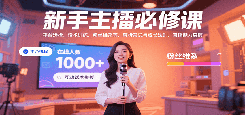 新手主播必修课：平台选择、话术训练、粉丝维系等，解析禁忌与成长法则，突破直播能力网创-网赚-电商-tk-出海-AI-抖音-快手-小红书-视频号-玩法-创业-小程序-公众号-私域-s粉网创智库