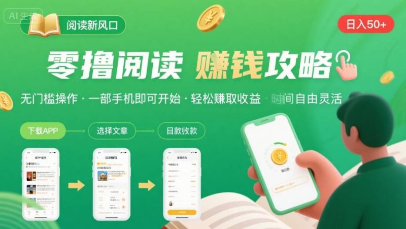 零撸阅读新风口,无门槛轻松挣,一部手机,日入 50-3张【揭秘】网创-网赚-电商-tk-出海-AI-抖音-快手-小红书-视频号-玩法-创业-小程序-公众号-私域-s粉网创智库