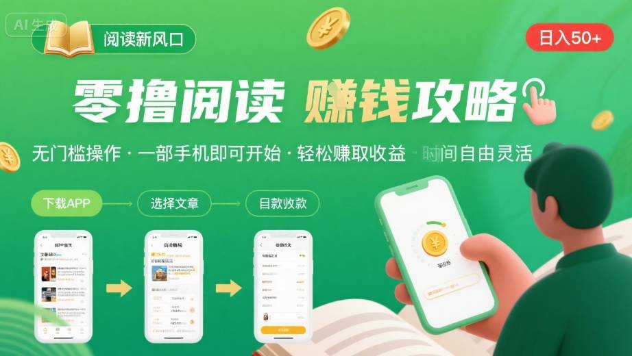 零撸阅读新风口，无门槛轻松挣，一部手机，日入 50-3张【揭秘】网创-网赚-电商-tk-出海-AI-抖音-快手-小红书-视频号-玩法-创业-小程序-公众号-私域-s粉网创智库
