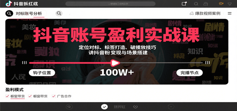 抖音账号盈利实战课，定位对标、标签打造、破播放技巧，讲涨粉变现与场景搭建网创-网赚-电商-tk-出海-AI-抖音-快手-小红书-视频号-玩法-创业-小程序-公众号-私域-s粉网创智库