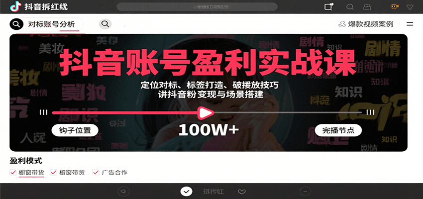 抖音账号盈利实战课,定位对标、标签打造、破播放技巧,讲涨粉变现与场景搭建 - 网创智库网创-网赚-电商-tk-出海-AI-抖音-快手-小红书-视频号-玩法-创业-小程序-公众号-私域-s粉网创智库