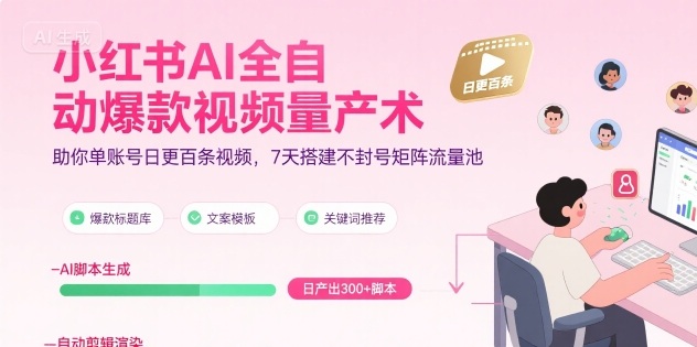 小红书AI全自动爆款视频量产术，助你单账号日更百条视频，7天搭建不封号矩阵流量池(更新8月)网创-网赚-电商-tk-出海-AI-抖音-快手-小红书-视频号-玩法-创业-小程序-公众号-私域-s粉网创智库