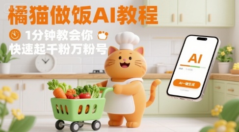 有趣的橘猫买菜做饭视频，用AI一键搞定，1分钟教会你，快速起千粉万粉号网创-网赚-电商-tk-出海-AI-抖音-快手-小红书-视频号-玩法-创业-小程序-公众号-私域-s粉网创智库