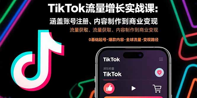 TikTok流量增长实战课：涵盖账号注册、流量获取、内容制作到商业变现网创-网赚-电商-tk-出海-AI-抖音-快手-小红书-视频号-玩法-创业-小程序-公众号-私域-s粉网创智库