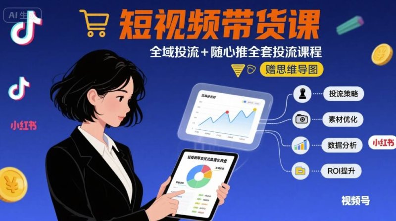最新短视频带货课，全域投流+随心推全套投流课程+思维导图网创-网赚-电商-tk-出海-AI-抖音-快手-小红书-视频号-玩法-创业-小程序-公众号-私域-s粉网创智库
