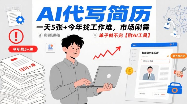 AI代写简历，一天5张+今年找工作难，市场刚需，单子做不完【附AI工具】网创-网赚-电商-tk-出海-AI-抖音-快手-小红书-视频号-玩法-创业-小程序-公众号-私域-s粉网创智库