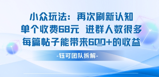 小众玩法再次刷新认知单个收费68米进群人数很多每篇帖子能带来6张的收益网创-网赚-电商-tk-出海-AI-抖音-快手-小红书-视频号-玩法-创业-小程序-公众号-私域-s粉网创智库