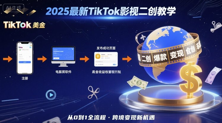 2025年最新TikTok影视二创教学，从注册到发布撸美金全流程，跨境变现新机遇网创-网赚-电商-tk-出海-AI-抖音-快手-小红书-视频号-玩法-创业-小程序-公众号-私域-s粉网创智库