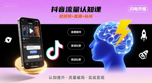 抖音流量认知课，短视频+直播+私域，认知提升，闪电开悟网创-网赚-电商-tk-出海-AI-抖音-快手-小红书-视频号-玩法-创业-小程序-公众号-私域-s粉网创智库