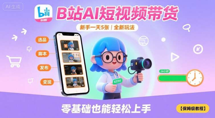 B站AI短视频带货，新手一天5张，全新玩法【保姆级教程】网创-网赚-电商-tk-出海-AI-抖音-快手-小红书-视频号-玩法-创业-小程序-公众号-私域-s粉网创智库