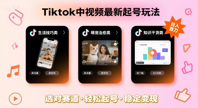 Tiktok中视频最新起号玩法，想要日入百刀，做好这几个赛道就可以了网创-网赚-电商-tk-出海-AI-抖音-快手-小红书-视频号-玩法-创业-小程序-公众号-私域-s粉网创智库