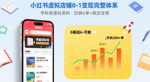 小红书虚拟店铺0-1变现完整体系：卖学科类虚拟资料，一天6张+，很稳定【已完结】网创-网赚-电商-tk-出海-AI-抖音-快手-小红书-视频号-玩法-创业-小程序-公众号-私域-s粉网创智库