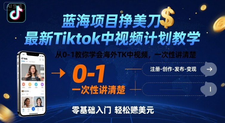蓝海项目挣美刀，最新Tiktok中视频计划教学，从0-1教你学会海外TK中视频，一次性讲清楚网创-网赚-电商-tk-出海-AI-抖音-快手-小红书-视频号-玩法-创业-小程序-公众号-私域-s粉网创智库