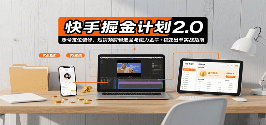 快手掘金计划2.0,账号定位装修、短视频剪辑选品与磁力金牛+裂变出单实战指南 - 网创智库网创-网赚-电商-tk-出海-AI-抖音-快手-小红书-视频号-玩法-创业-小程序-公众号-私域-s粉网创智库