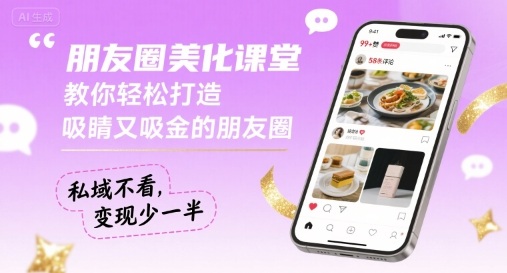 朋友圈美化课堂，教你轻松打造，吸睛又吸金的朋友圈，私域不看，变现少一半网创-网赚-电商-tk-出海-AI-抖音-快手-小红书-视频号-玩法-创业-小程序-公众号-私域-s粉网创智库