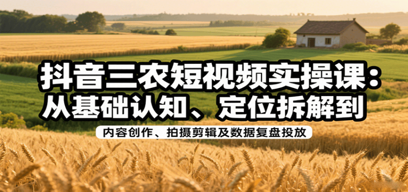 抖音三农短视频实操课：从基础认知、定位拆解到内容创作、拍摄剪辑及数据复盘投放网创-网赚-电商-tk-出海-AI-抖音-快手-小红书-视频号-玩法-创业-小程序-公众号-私域-s粉网创智库