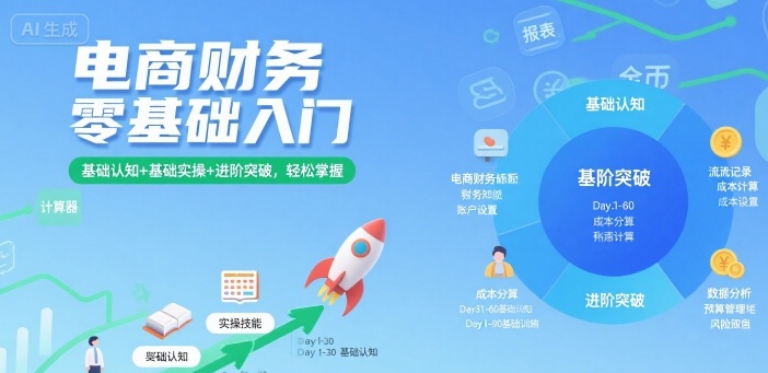 电商财务零基础入门，基础认知+基础实操+进阶突破，轻松掌握网创-网赚-电商-tk-出海-AI-抖音-快手-小红书-视频号-玩法-创业-小程序-公众号-私域-s粉网创智库