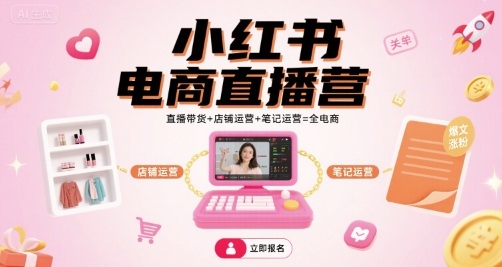 小红书电商直播营，直播带货+店铺运营+笔记运营=全电商网创-网赚-电商-tk-出海-AI-抖音-快手-小红书-视频号-玩法-创业-小程序-公众号-私域-s粉网创智库