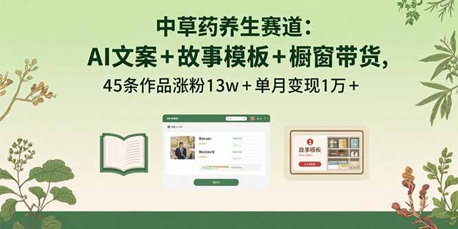 中草药养生赛道：AI文案+故事模板+橱带货，45条作品涨粉13w+单月变现1万+网创-网赚-电商-tk-出海-AI-抖音-快手-小红书-视频号-玩法-创业-小程序-公众号-私域-s粉网创智库