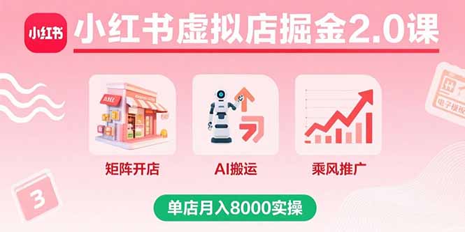 小红书虚拟店掘金2.0课,矩阵开店+AI搬运+乘风推广,单店月入8000实操网创-网赚-电商-tk-出海-AI-抖音-快手-小红书-视频号-玩法-创业-小程序-公众号-私域-s粉网创智库