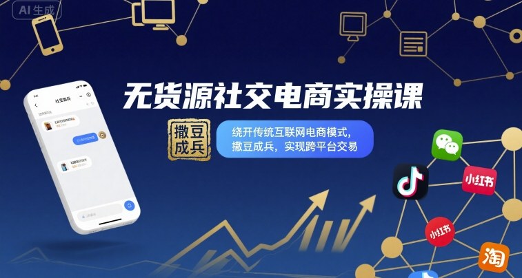 无货源社交电商实操课，绕开传统互联网电商模式，撒豆成兵，实现跨平台交易网创-网赚-电商-tk-出海-AI-抖音-快手-小红书-视频号-玩法-创业-小程序-公众号-私域-s粉网创智库