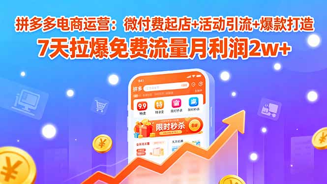拼多多电商运营：微付费起店+活动引流+爆款打造 7天拉爆免费流量月利润2w+网创-网赚-电商-tk-出海-AI-抖音-快手-小红书-视频号-玩法-创业-小程序-公众号-私域-s粉网创智库