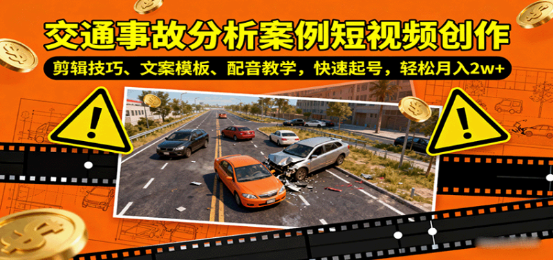 交通事故分析案例短视频创作，剪辑技巧、文案模板、配音教学，快速起号，轻松月入2w+网创-网赚-电商-tk-出海-AI-抖音-快手-小红书-视频号-玩法-创业-小程序-公众号-私域-s粉网创智库