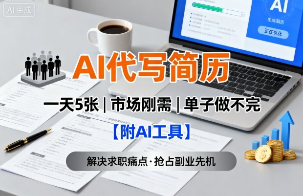 AI代写简历，一天5张，今年找工作难，市场刚需，单子做不完【附AI工具】网创-网赚-电商-tk-出海-AI-抖音-快手-小红书-视频号-玩法-创业-小程序-公众号-私域-s粉网创智库