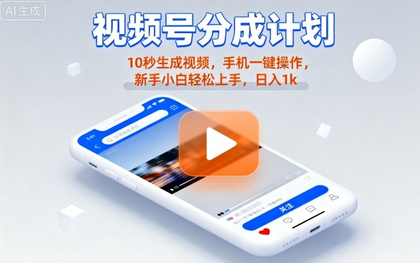 视频号分成计划懒人玩法，10秒生成视频，手机一键操作，新手小白轻松上手，日入1K【揭秘】网创-网赚-电商-tk-出海-AI-抖音-快手-小红书-视频号-玩法-创业-小程序-公众号-私域-s粉网创智库