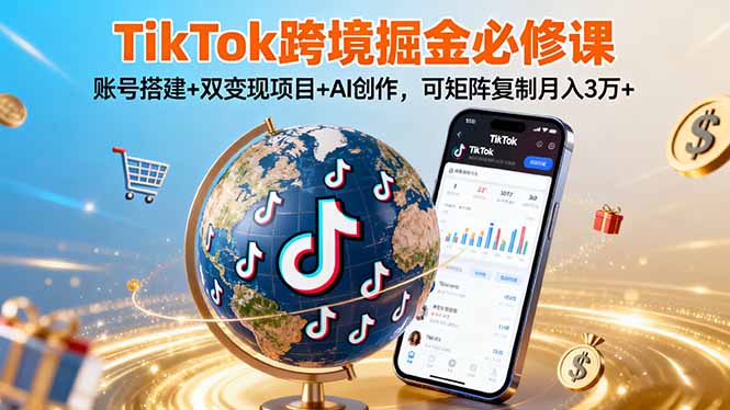 TikTo跨境掘金必修课，账号搭建+双变现项目+AI创作，可矩阵复制月入3万+网创-网赚-电商-tk-出海-AI-抖音-快手-小红书-视频号-玩法-创业-小程序-公众号-私域-s粉网创智库