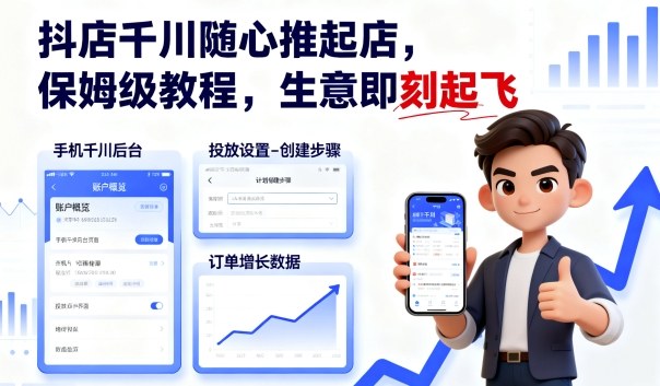 抖店千川随心推起店，保姆级教程，生意即刻起飞网创-网赚-电商-tk-出海-AI-抖音-快手-小红书-视频号-玩法-创业-小程序-公众号-私域-s粉网创智库