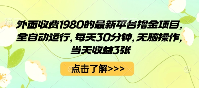 外面收费1980的最新平台撸金项目，全自动运行，每天30分钟，无脑操作，当天收益3张【揭秘】网创-网赚-电商-tk-出海-AI-抖音-快手-小红书-视频号-玩法-创业-小程序-公众号-私域-s粉网创智库