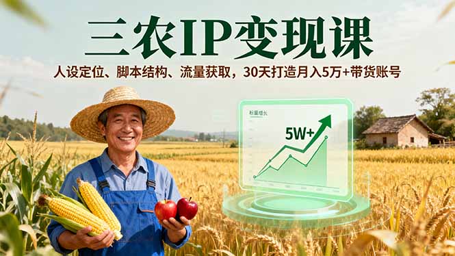 三农IP变现课，人设定位、脚本结构、流量获取，30天打造月入5万+带货账号网创-网赚-电商-tk-出海-AI-抖音-快手-小红书-视频号-玩法-创业-小程序-公众号-私域-s粉网创智库