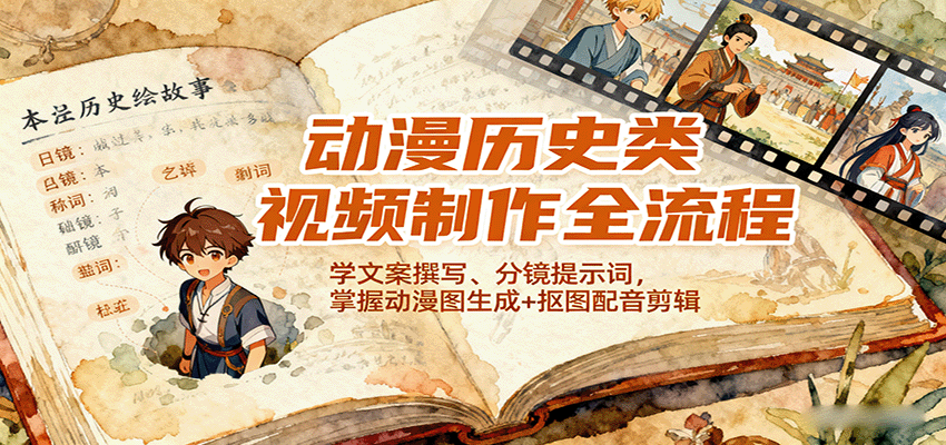 动漫历史类视频制作全流程，学文案撰写、分镜提示词，掌握动漫图生成+抠图配音剪辑 - 网创智库网创-网赚-电商-tk-出海-AI-抖音-快手-小红书-视频号-玩法-创业-小程序-公众号-私域-s粉网创智库