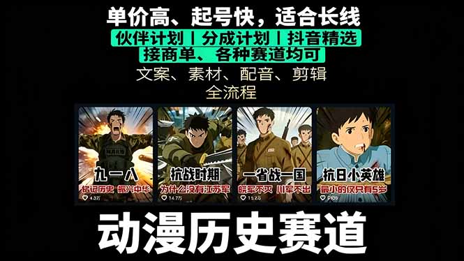 历史动漫赛道撸分成：起号、文案、素材、配音、剪辑，单视频收益破万网创-网赚-电商-tk-出海-AI-抖音-快手-小红书-视频号-玩法-创业-小程序-公众号-私域-s粉网创智库