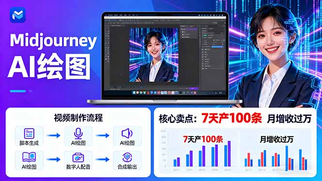 AI绘图照片开口说话视频制作：Midjourney+数字人，7天产100条月增收过万网创-网赚-电商-tk-出海-AI-抖音-快手-小红书-视频号-玩法-创业-小程序-公众号-私域-s粉网创智库