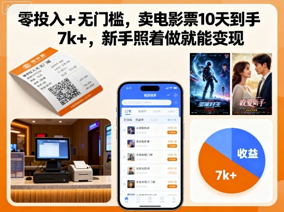 零投入+无门槛，卖电影票10天到手7k+，新手照着做就能变现【揭秘】网创-网赚-电商-tk-出海-AI-抖音-快手-小红书-视频号-玩法-创业-小程序-公众号-私域-s粉网创智库