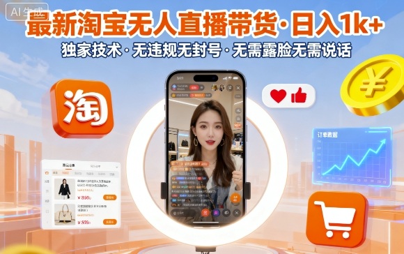 最新淘宝无人直播带货，日入1k+，独家技术，无违规无封号，无需露脸无需说话【揭秘】网创-网赚-电商-tk-出海-AI-抖音-快手-小红书-视频号-玩法-创业-小程序-公众号-私域-s粉网创智库