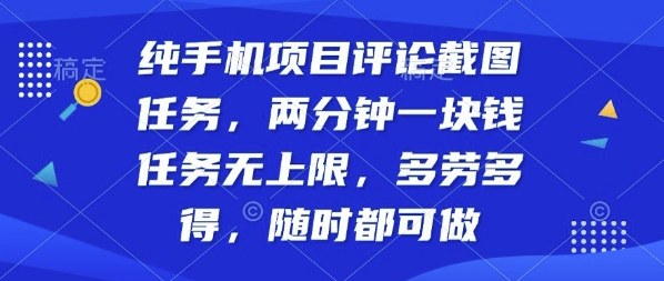 纯手机项目评论截图任务，两分钟一块钱多劳多得，随时随地都能做【揭秘】网创-网赚-电商-tk-出海-AI-抖音-快手-小红书-视频号-玩法-创业-小程序-公众号-私域-s粉网创智库