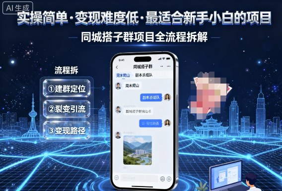 实操简单，变现难度低，最适合新手小白做的项目，每天轻松收入3张，同城搭子群项目全流程拆解网创-网赚-电商-tk-出海-AI-抖音-快手-小红书-视频号-玩法-创业-小程序-公众号-私域-s粉网创智库