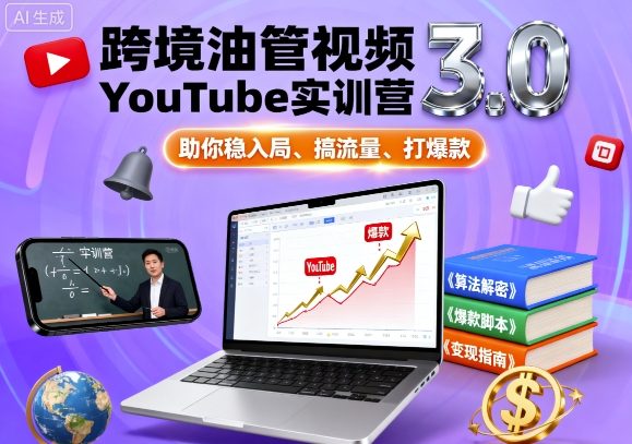 跨境油管视频YouTube实训营3.0，助你稳入局、搞流量、打爆款网创-网赚-电商-tk-出海-AI-抖音-快手-小红书-视频号-玩法-创业-小程序-公众号-私域-s粉网创智库