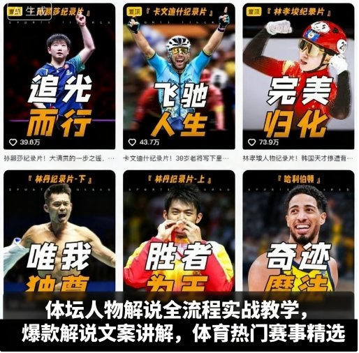 体坛人物解说全流程实战教学，爆款解说文案讲解，体育热门赛事精选网创-网赚-电商-tk-出海-AI-抖音-快手-小红书-视频号-玩法-创业-小程序-公众号-私域-s粉网创智库