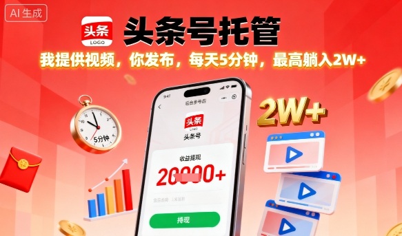 【头条号托管】我提供视频，你发布，每天5分钟，最高躺入2W+【揭秘】网创-网赚-电商-tk-出海-AI-抖音-快手-小红书-视频号-玩法-创业-小程序-公众号-私域-s粉网创智库