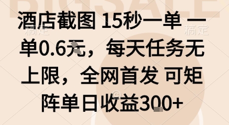 酒店截图15秒一单，一单0.6米，每天任务无上限，全网首发可矩阵单日收益3张【揭秘】网创-网赚-电商-tk-出海-AI-抖音-快手-小红书-视频号-玩法-创业-小程序-公众号-私域-s粉网创智库