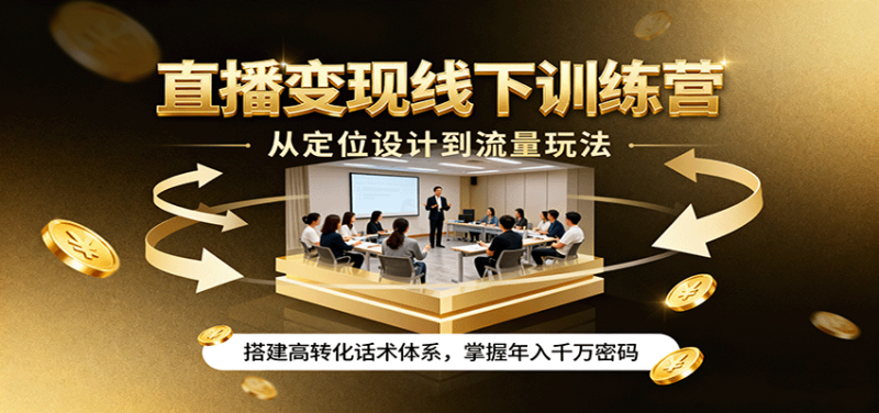 直播变现线下训练营，从定位设计到流量玩法，搭建高转化话术体系，掌握年入千万密码网创-网赚-电商-tk-出海-AI-抖音-快手-小红书-视频号-玩法-创业-小程序-公众号-私域-s粉网创智库